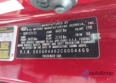 2012 Kia Optima Sx z USA, uszkodzony, nr VIN 5XXGR4A62CG004469